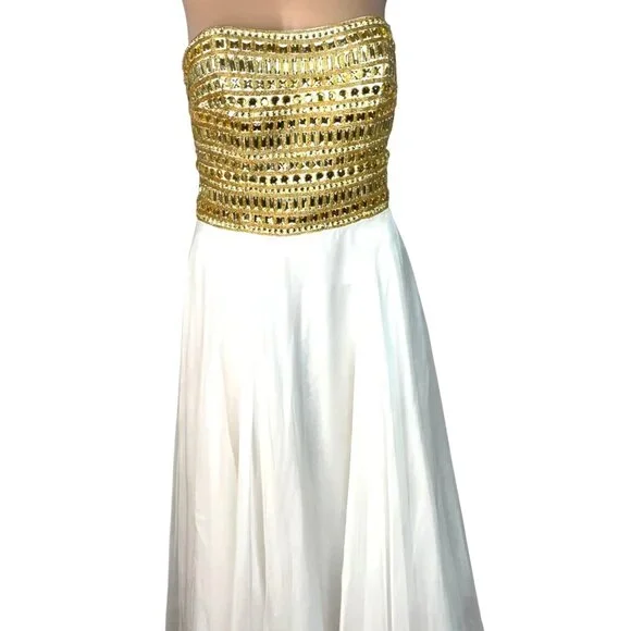 Sherri Hill White Strapless Formal Gown Gold Embellished Bodice Size 8